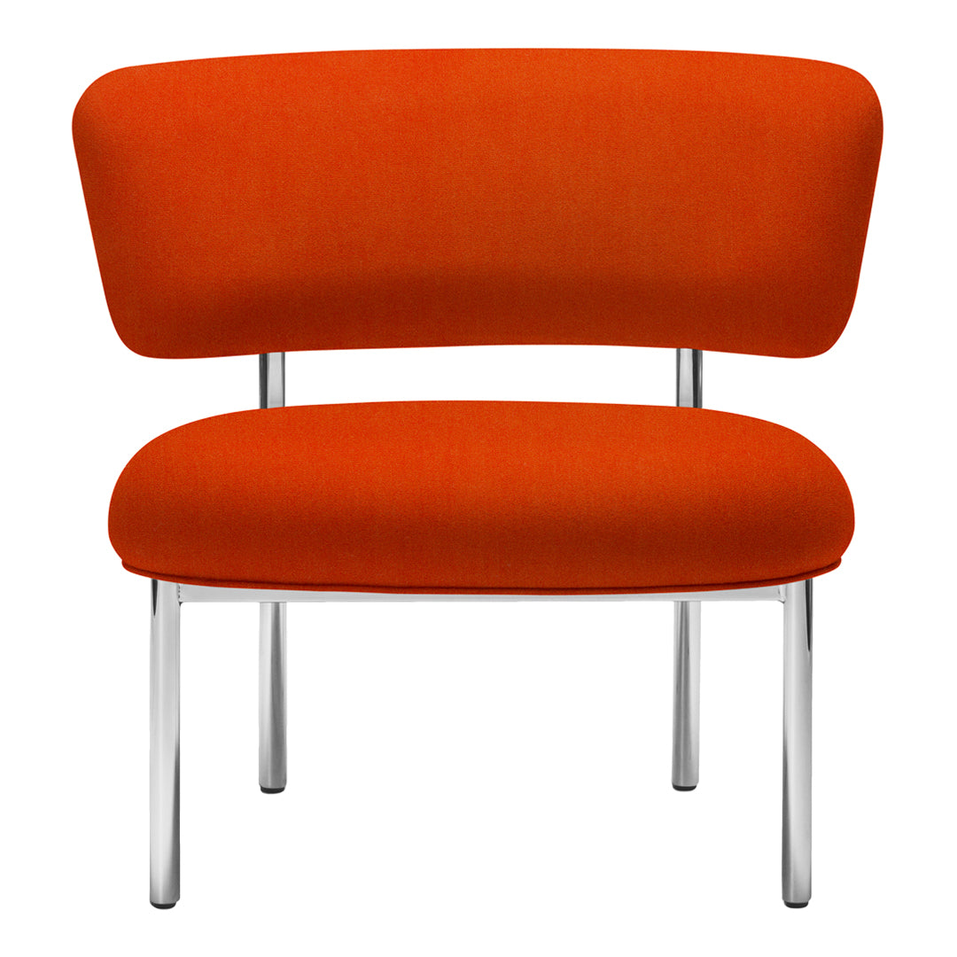 Bright orange upholstered chair with a smooth, modern design and sleek chrome legs. Perfect for stylish decor.
