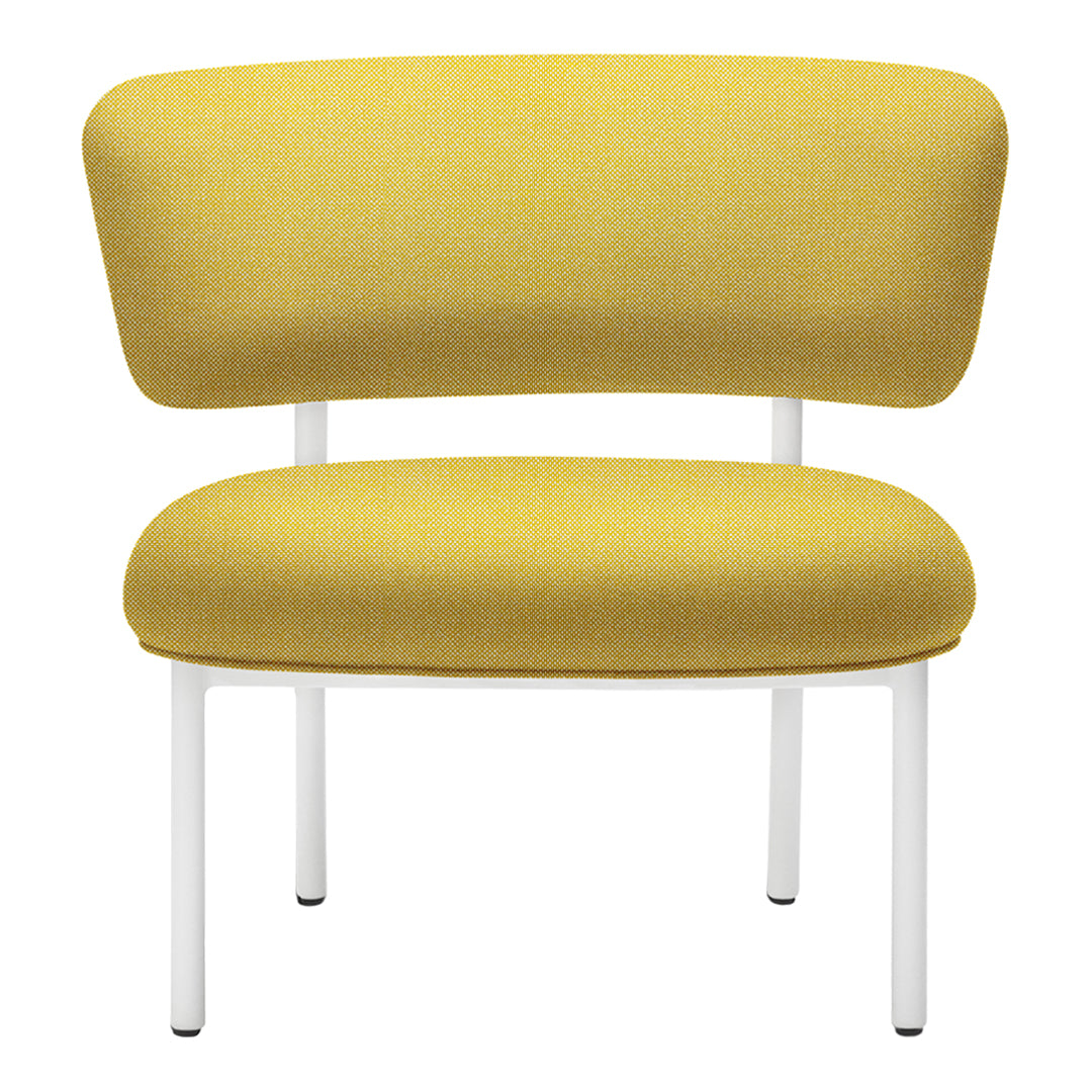 Yellow upholstered chair with a textured pattern and white metal legs, perfect for modern decor.