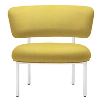 Yellow upholstered chair with a textured pattern and white metal legs, perfect for modern decor.