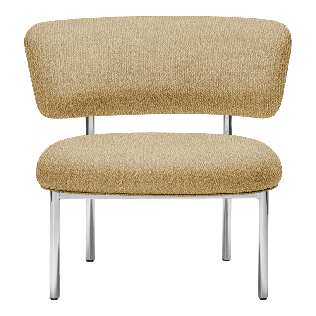 Beige upholstered chair with a smooth, minimalist design and sleek chrome legs. Perfect for modern decor.