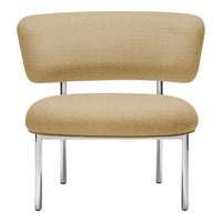 Beige upholstered chair with a smooth, minimalist design and sleek chrome legs. Perfect for modern decor.