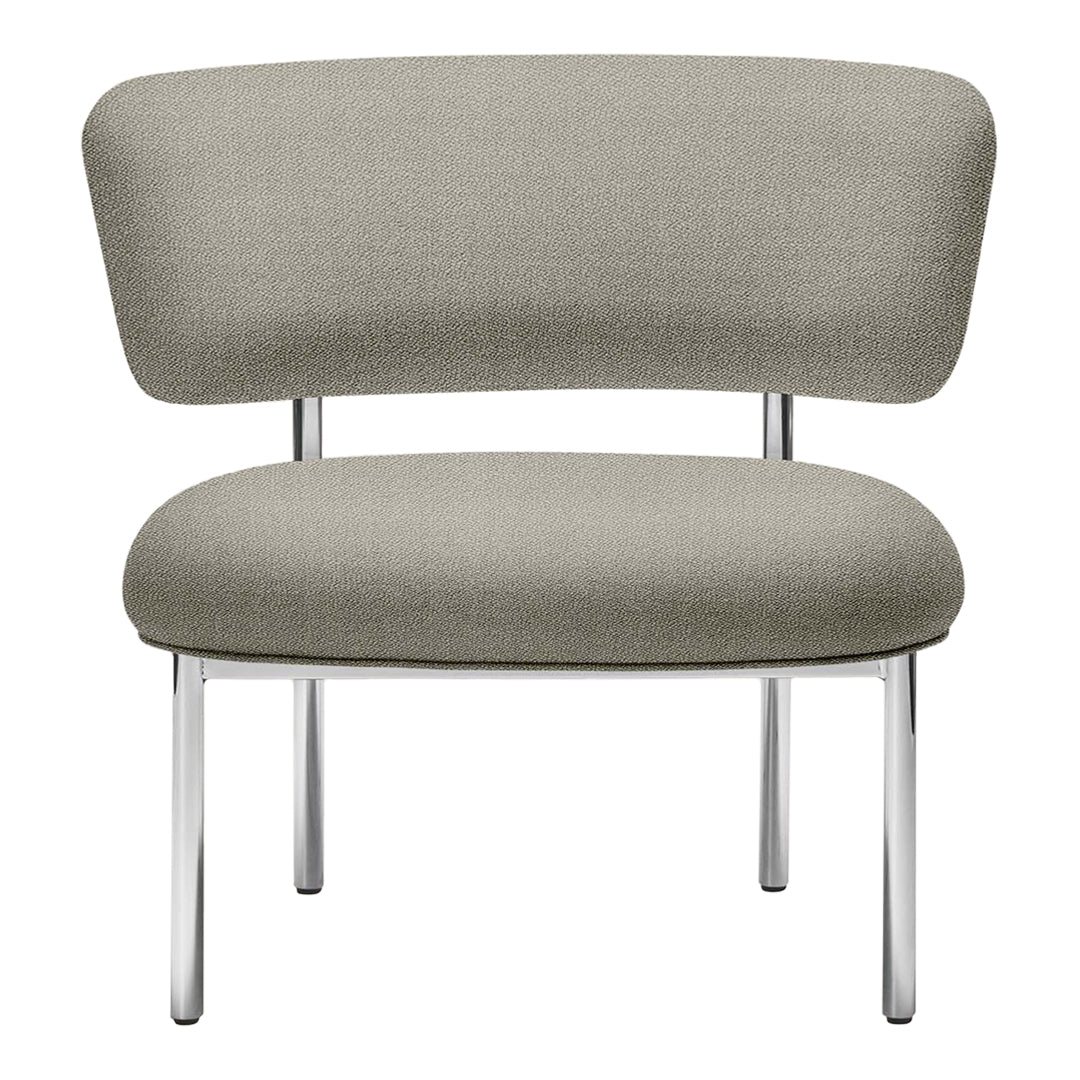 Gray upholstered chair with a smooth, modern design and chrome legs. Ideal for contemporary decor.