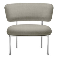 Gray upholstered chair with a smooth, modern design and chrome legs. Ideal for contemporary decor.