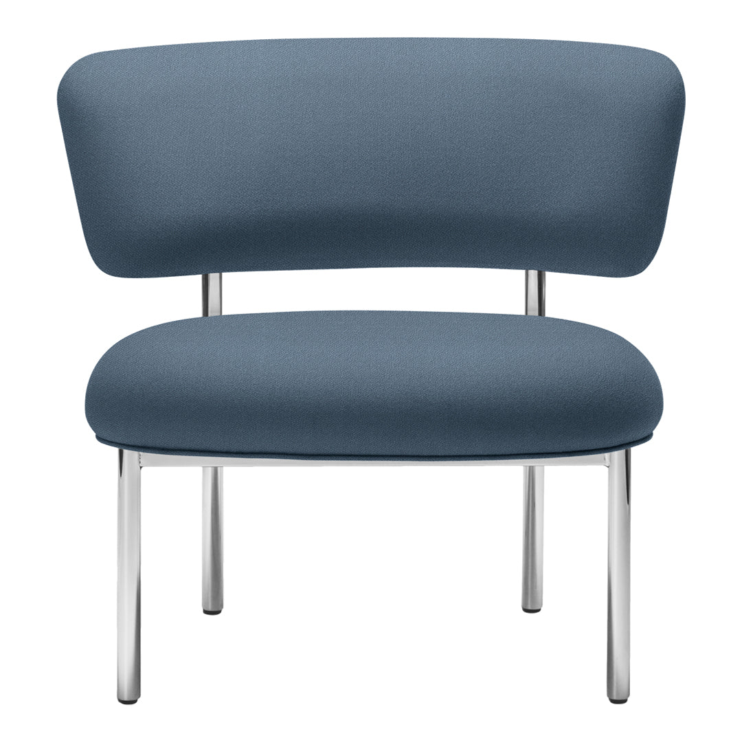 Textured blue upholstery with a minimalist design and chrome legs. Stylish and modern accent chair for any decor.