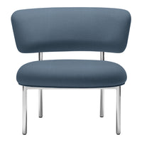 Textured blue upholstery with a minimalist design and chrome legs. Stylish and modern accent chair for any decor.