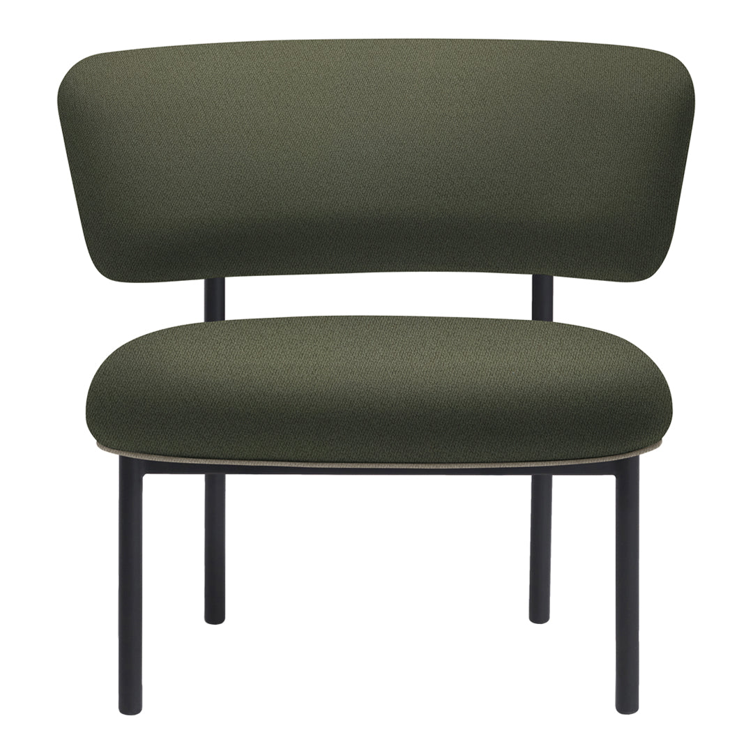 Olive green upholstered chair with a curved design and black metal legs. Simple, modern aesthetic.