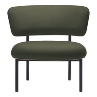 Olive green upholstered chair with a curved design and black metal legs. Simple, modern aesthetic.