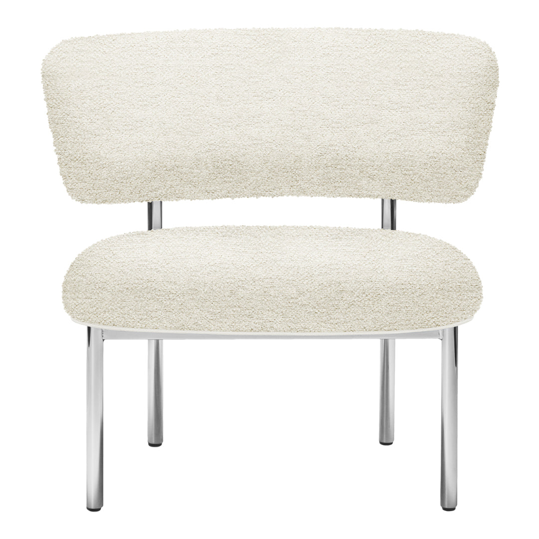 Cream-colored plush chair with a smooth, curved backrest and sleek chrome legs. Modern and stylish design.
