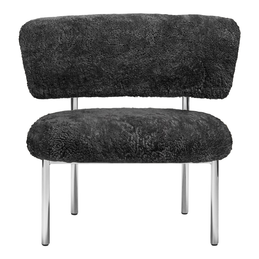 "Cozy black fuzzy fabric chair with sleek chrome legs, perfect for modern decor."