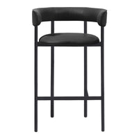 Black upholstered bar stool with a sleek, minimalist design and a matte black metal frame. Elegant and modern.