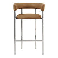 Tan upholstered bar stool with a sleek chrome frame, featuring a minimalist design and modern aesthetic.