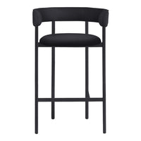Black bar stool with sleek design and minimalistic pattern, featuring a comfortable upholstered seat and sturdy frame.
