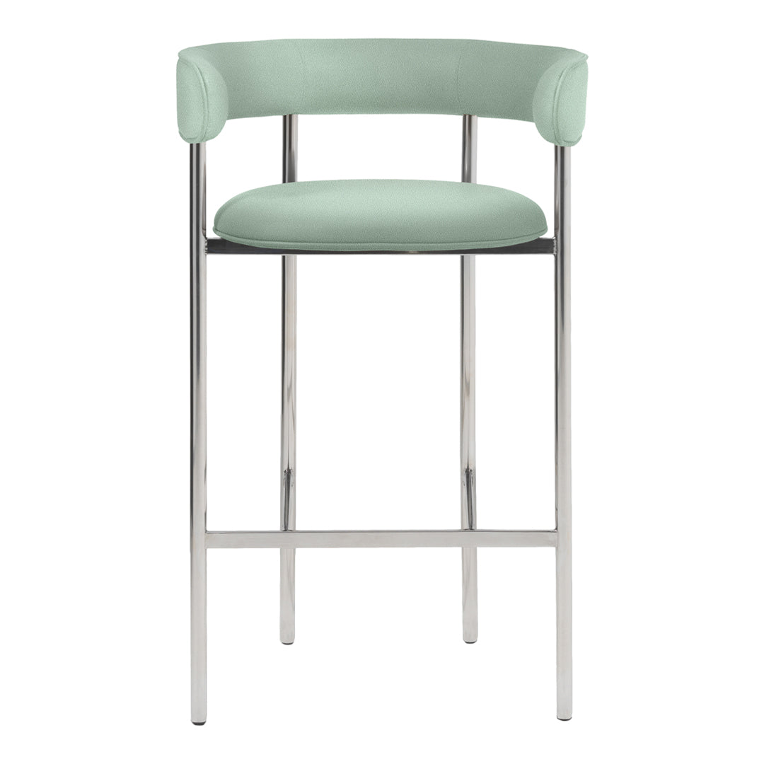 Mint green bar stool with curved backrest and sleek chrome legs, perfect for modern interiors.