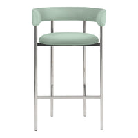 Mint green bar stool with curved backrest and sleek chrome legs, perfect for modern interiors.