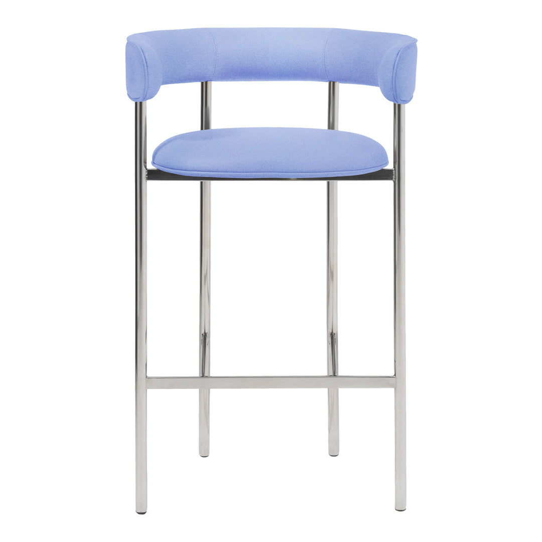 Light blue upholstered bar stool with sleek chrome legs, featuring a modern, minimalist design.
