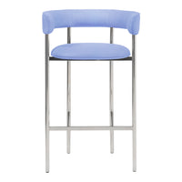 Light blue upholstered bar stool with sleek chrome legs, featuring a modern, minimalist design.