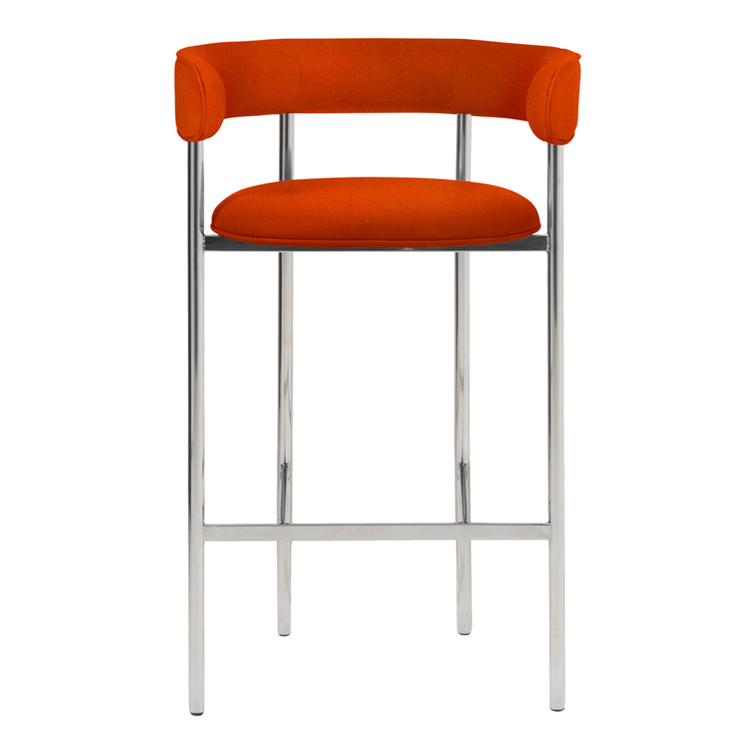 Orange upholstered bar stool with a sleek chrome frame, featuring a modern minimalist design.