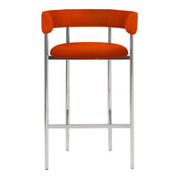 Orange upholstered bar stool with a sleek chrome frame, featuring a modern minimalist design.