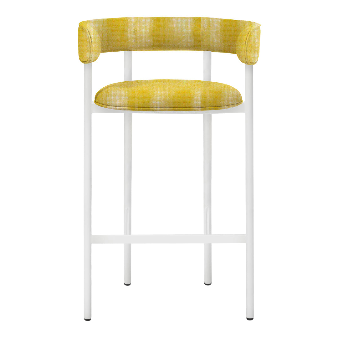 Yellow upholstered bar stool with a curved back on sleek white metal legs. Modern, minimalist design.