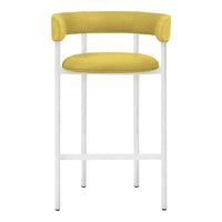 Yellow upholstered bar stool with a curved back on sleek white metal legs. Modern, minimalist design.