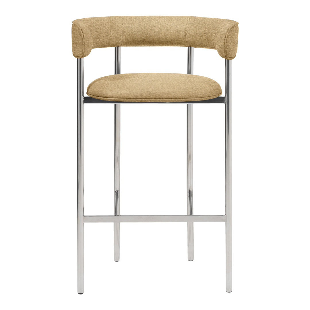 Beige upholstered barstool with a chrome frame, featuring a sleek, modern design and curved backrest.