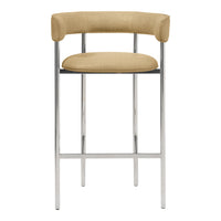 Beige upholstered barstool with a chrome frame, featuring a sleek, modern design and curved backrest.
