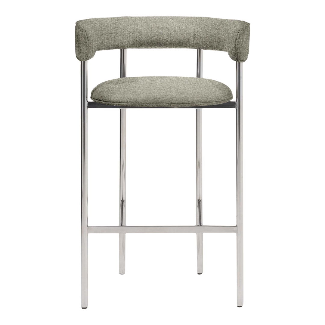 Green upholstered bar stool with a sleek chrome frame and minimalist design. Perfect for modern interiors.