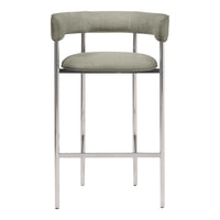 Green upholstered bar stool with a sleek chrome frame and minimalist design. Perfect for modern interiors.