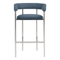 Blue upholstered bar stool with a sleek chrome frame and minimalist design. Modern, stylish accent for any space.