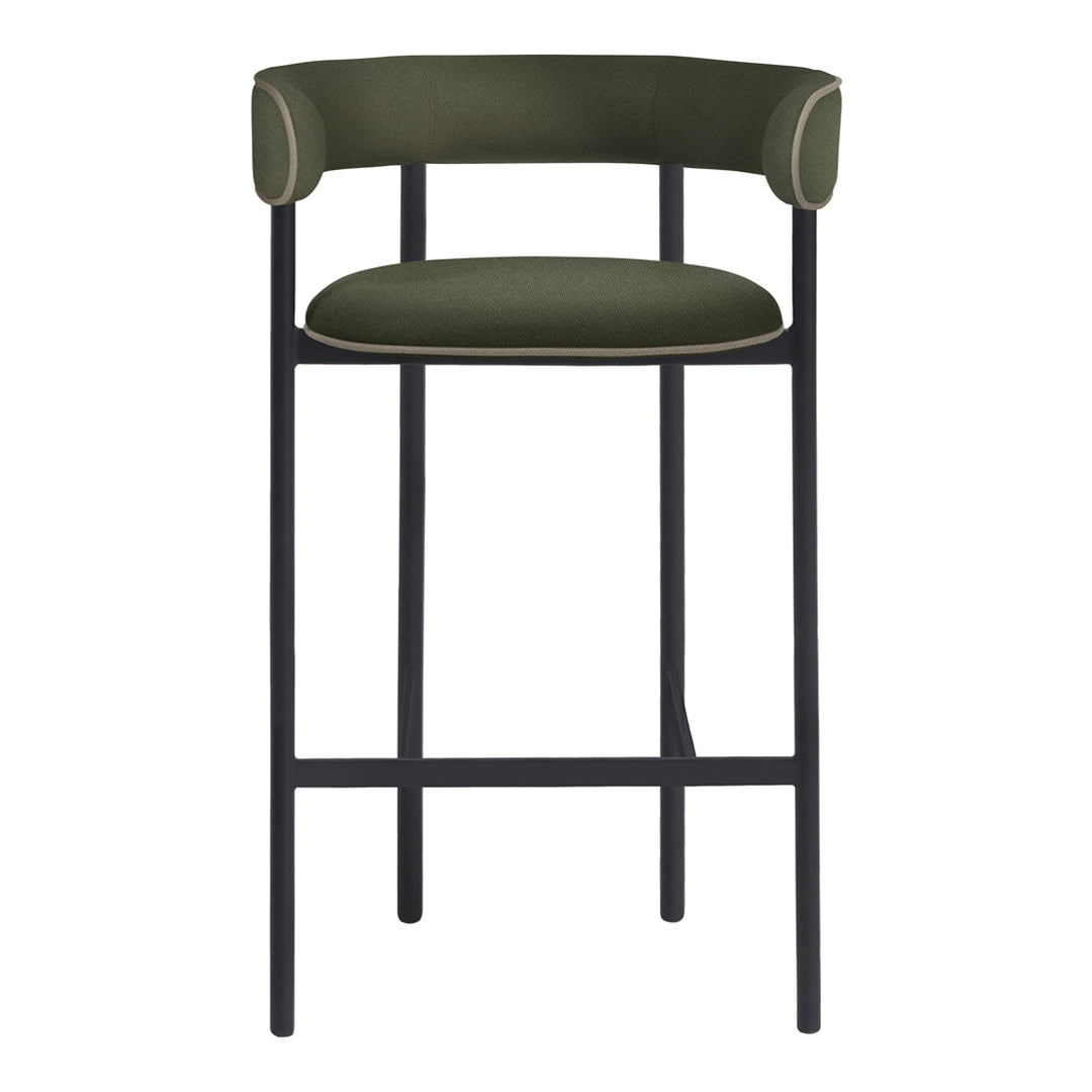 Elegant olive green bar stool with a sleek black frame and subtle cream accents, perfect for modern interiors.
