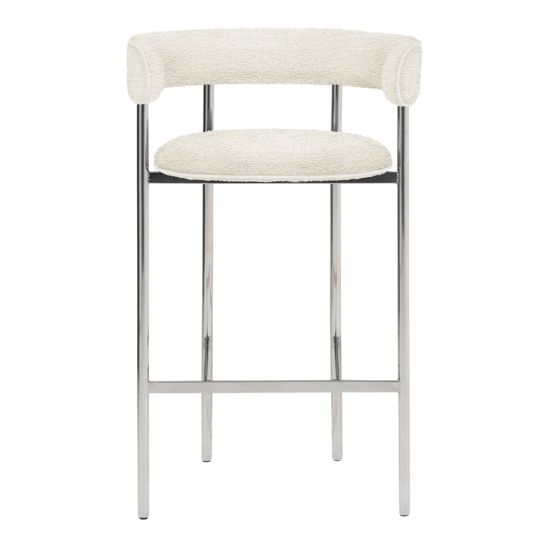 Cream upholstered bar stool with chrome legs, featuring a minimalist design and smooth, curved backrest.