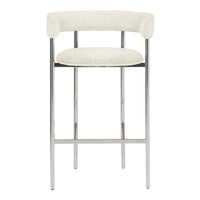 Cream upholstered bar stool with chrome legs, featuring a minimalist design and smooth, curved backrest.