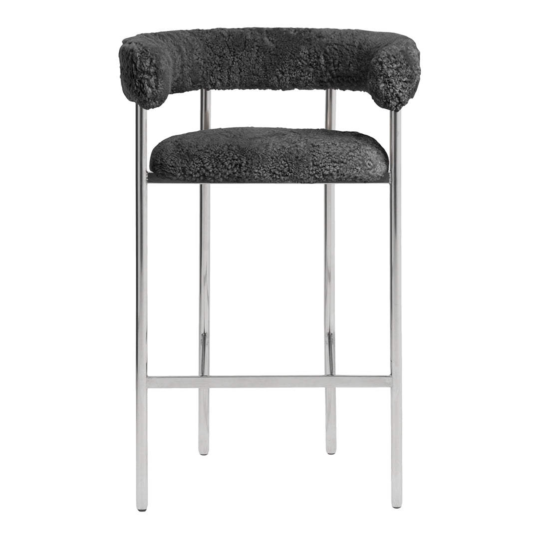 Gray faux fur bar stool with chrome legs, featuring a sleek contemporary design and a soft textured surface.
