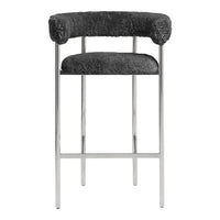 Gray faux fur bar stool with chrome legs, featuring a sleek contemporary design and a soft textured surface.