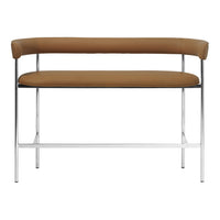 Brown upholstered bench with sleek chrome legs, featuring a modern minimalist design and clean lines.