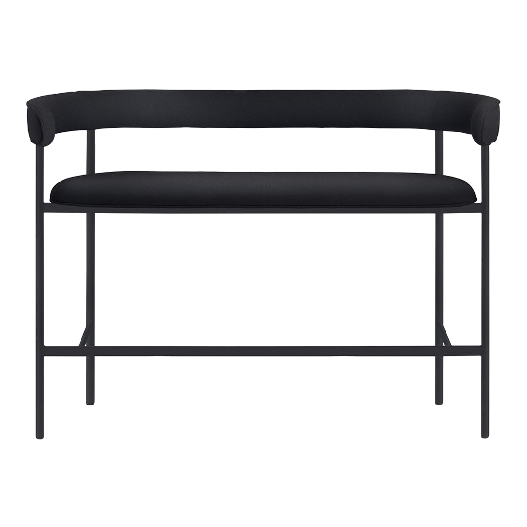 Black modern bench with sleek metal frame and plush upholstered seat, perfect for contemporary interiors.