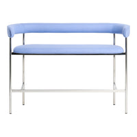 Light blue upholstered bench with sleek chrome legs and minimalist design. Ideal for modern decor.
