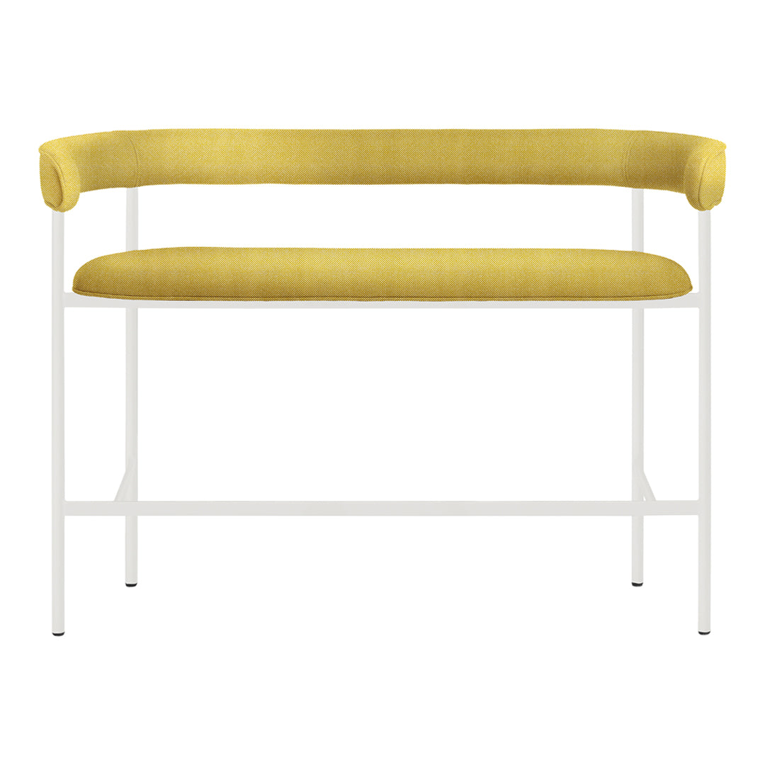 Yellow velvet bench with a sleek white metal frame and minimalist design, perfect for modern decor.