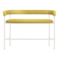 Yellow velvet bench with a sleek white metal frame and minimalist design, perfect for modern decor.