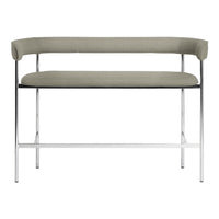 Sleek chrome bench with a soft grey fabric seat and minimalist design, perfect for modern decor.