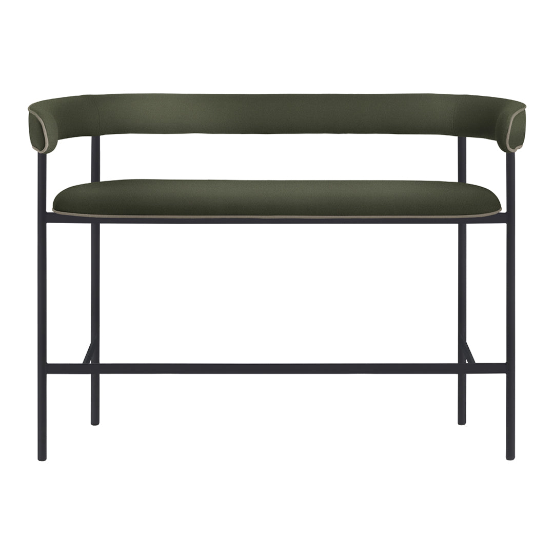 Green upholstered bench with a minimalist black metal frame and rounded armrests, perfect for modern decor.