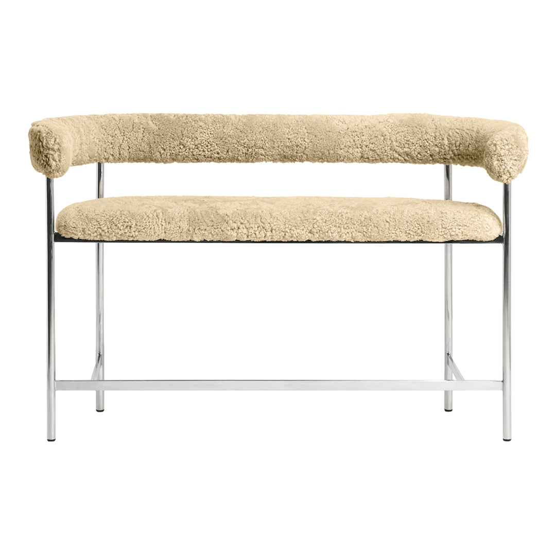 Beige faux shearling upholstery with sleek chrome frame, modern minimalist design, no visible patterns.