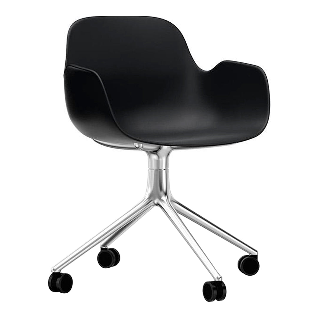 Stylish black chair with smooth curves and a sleek chrome base, featuring rolling casters for mobility.