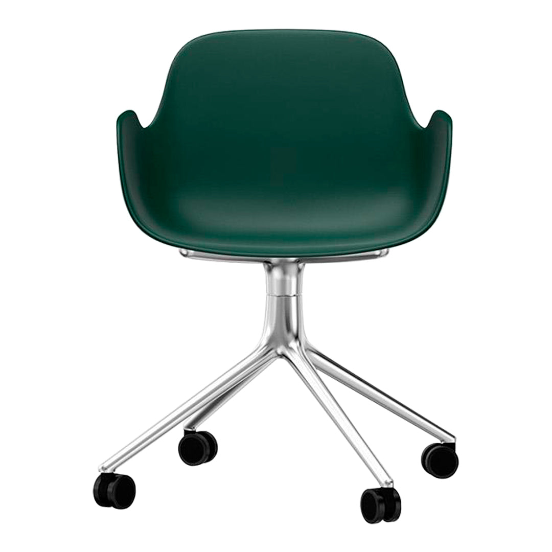 Modern green plastic chair with a sleek chrome base and five rolling wheels, ideal for contemporary spaces.