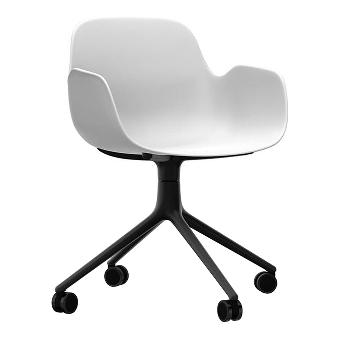 White ergonomic chair with a smooth finish and sturdy black wheeled base. Modern, minimalist design with no patterns.