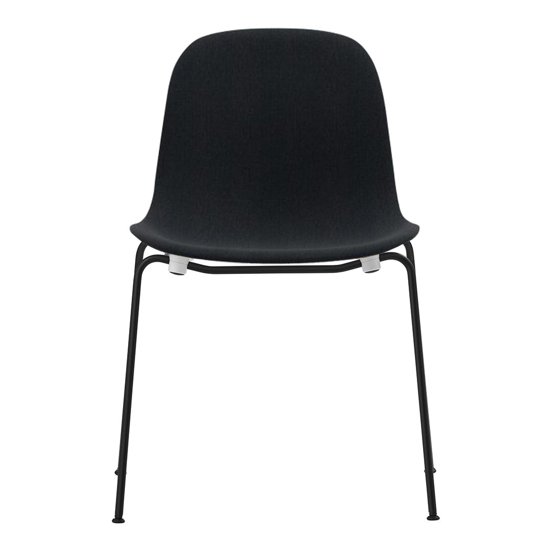 Sleek black chair with minimalist design, featuring a smooth, matte finish and contrasting white accents.