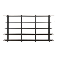 Black industrial shelving unit with clean lines and open design, featuring multiple horizontal shelves.