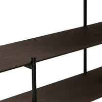 Dark brown wooden shelves with a sleek black metal frame, featuring a minimalist design.