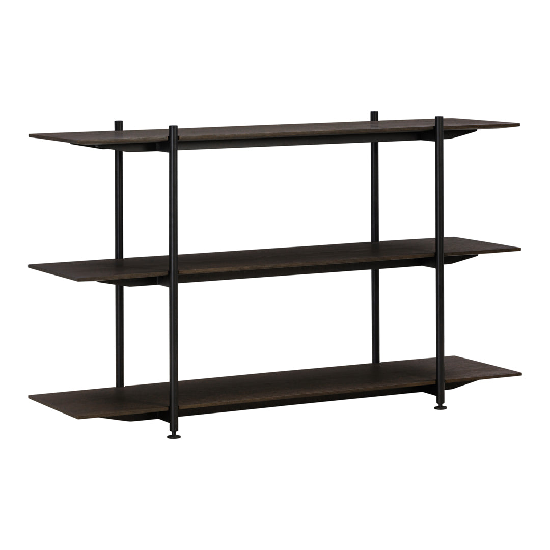 Three-tier shelving unit featuring a sleek black metal frame and dark brown wooden shelves. Modern and minimalist design.