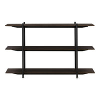 Dark wooden shelves with a sleek black metal frame, featuring a minimalist design and clean lines.
